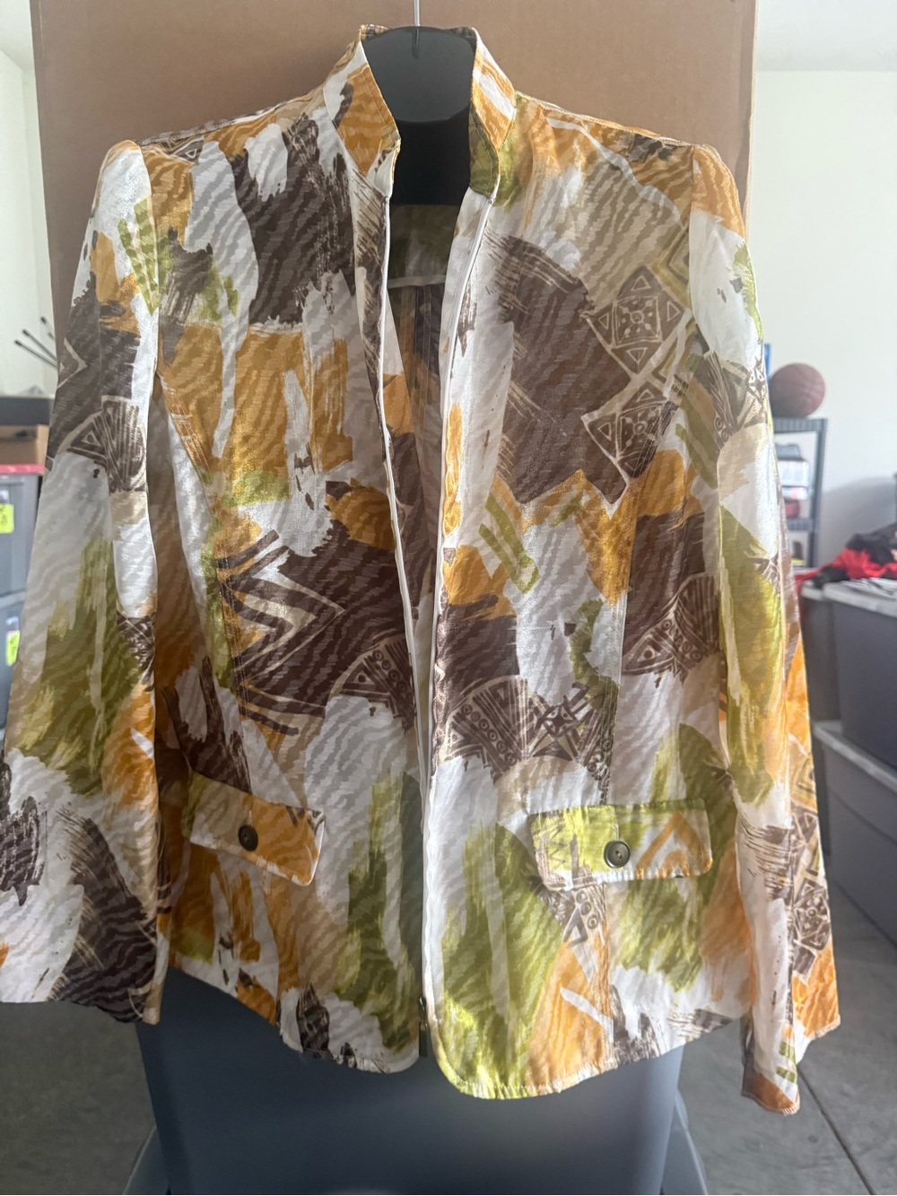 Alfred Dunner Abstract Print Lightweight Blazer in Brown, Yellow & Olive mp35